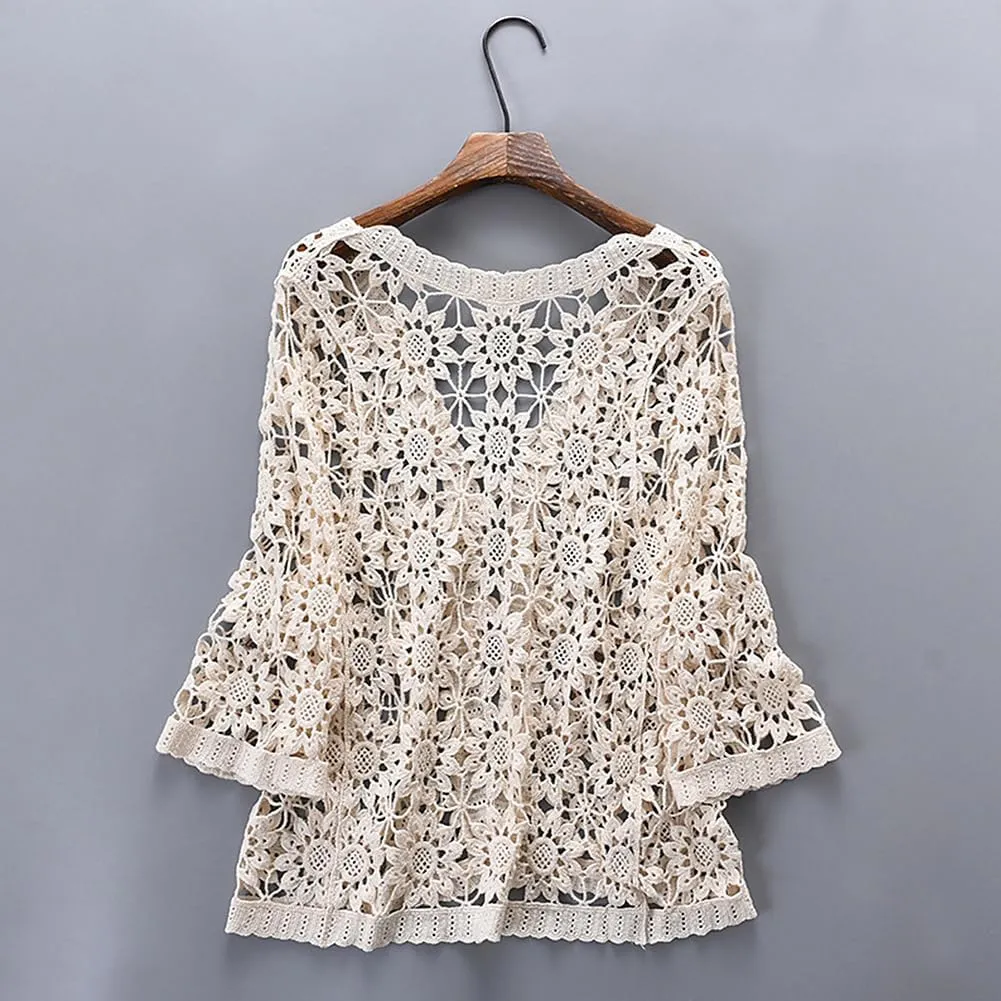 Women Cotton Casual Floral Lace Crochet 3/4 Sleeve Cardigan Boho Cover Up Shrug