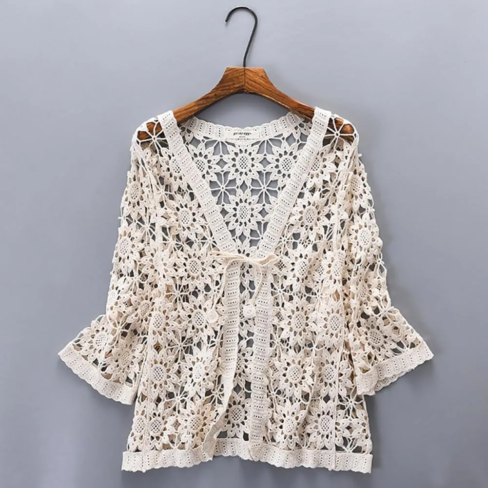 Women Cotton Casual Floral Lace Crochet 3/4 Sleeve Cardigan Boho Cover Up Shrug