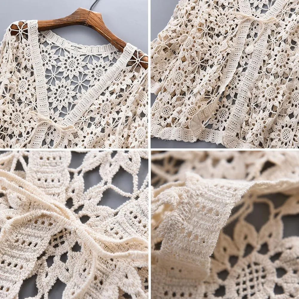 Women Cotton Casual Floral Lace Crochet 3/4 Sleeve Cardigan Boho Cover Up Shrug