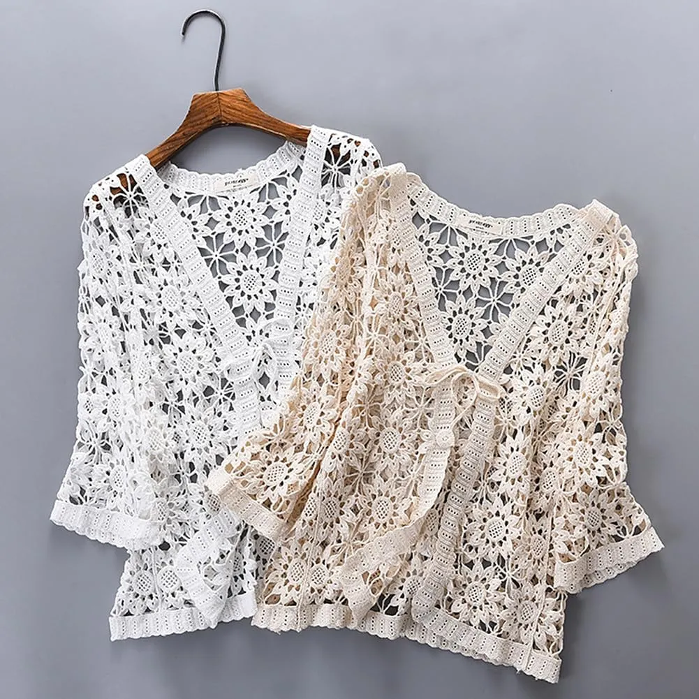 Women Cotton Casual Floral Lace Crochet 3/4 Sleeve Cardigan Boho Cover Up Shrug