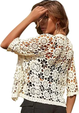 Women Cotton Casual Floral Lace Crochet 3/4 Sleeve Cardigan Boho Cover Up Shrug