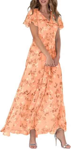 Women Floral Maxi Dress V Neck Flutter Sleeve Long Flowy Chiffon Dresses Casual Summer A Line Garden Party Dresses