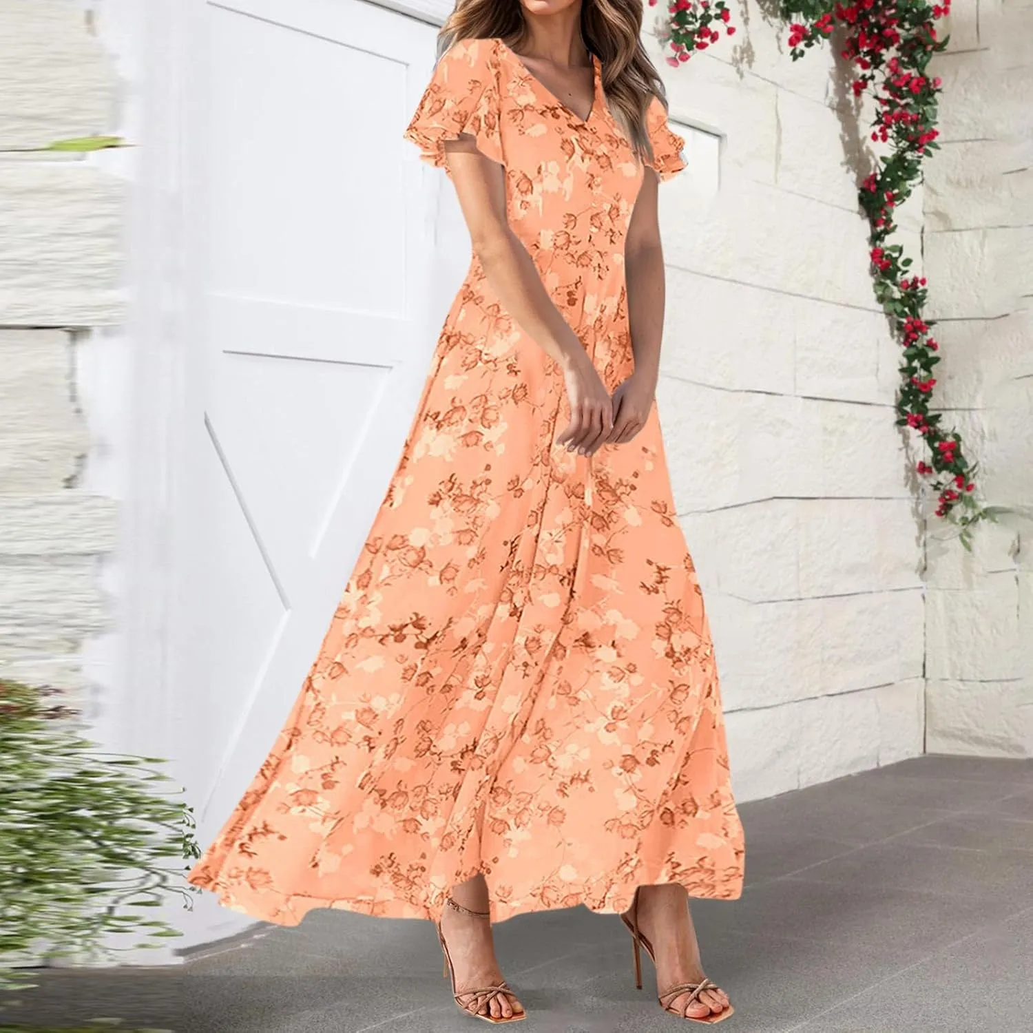 Women Floral Maxi Dress V Neck Flutter Sleeve Long Flowy Chiffon Dresses Casual Summer A Line Garden Party Dresses