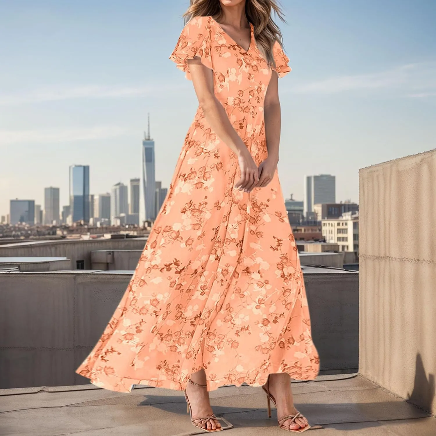 Women Floral Maxi Dress V Neck Flutter Sleeve Long Flowy Chiffon Dresses Casual Summer A Line Garden Party Dresses