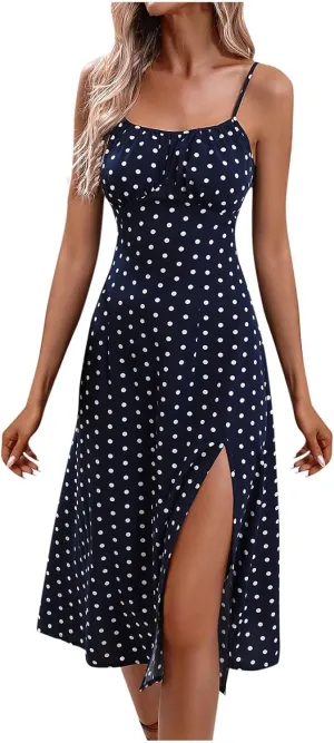 Women Floral Print Spaghetti Strap Tie Front Split Cami Summer Midi Dress Beach Wedding Guest Dresses for Women