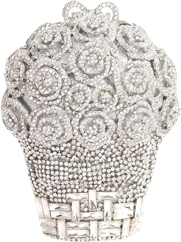 Women Luxury 3D Basket of Red Roses Rhinestone Purse Minaudiere Bag Floral Crystal Evening Clutch for Party Banquet