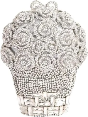 Women Luxury 3D Basket of Red Roses Rhinestone Purse Minaudiere Bag Floral Crystal Evening Clutch for Party Banquet
