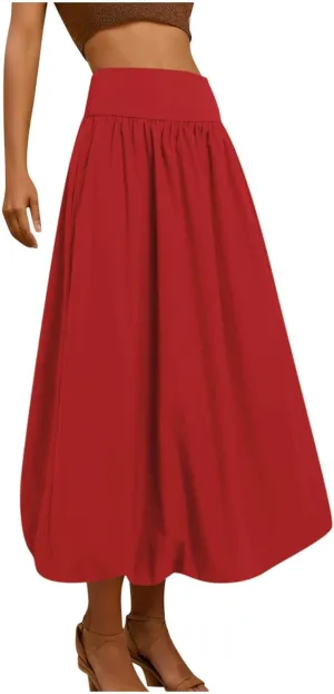 Women Maxi Bubble Skirt Elastic Waist Aline Long Puff Skirt Ruffle Hem Balloon Skirts Swim Skirt