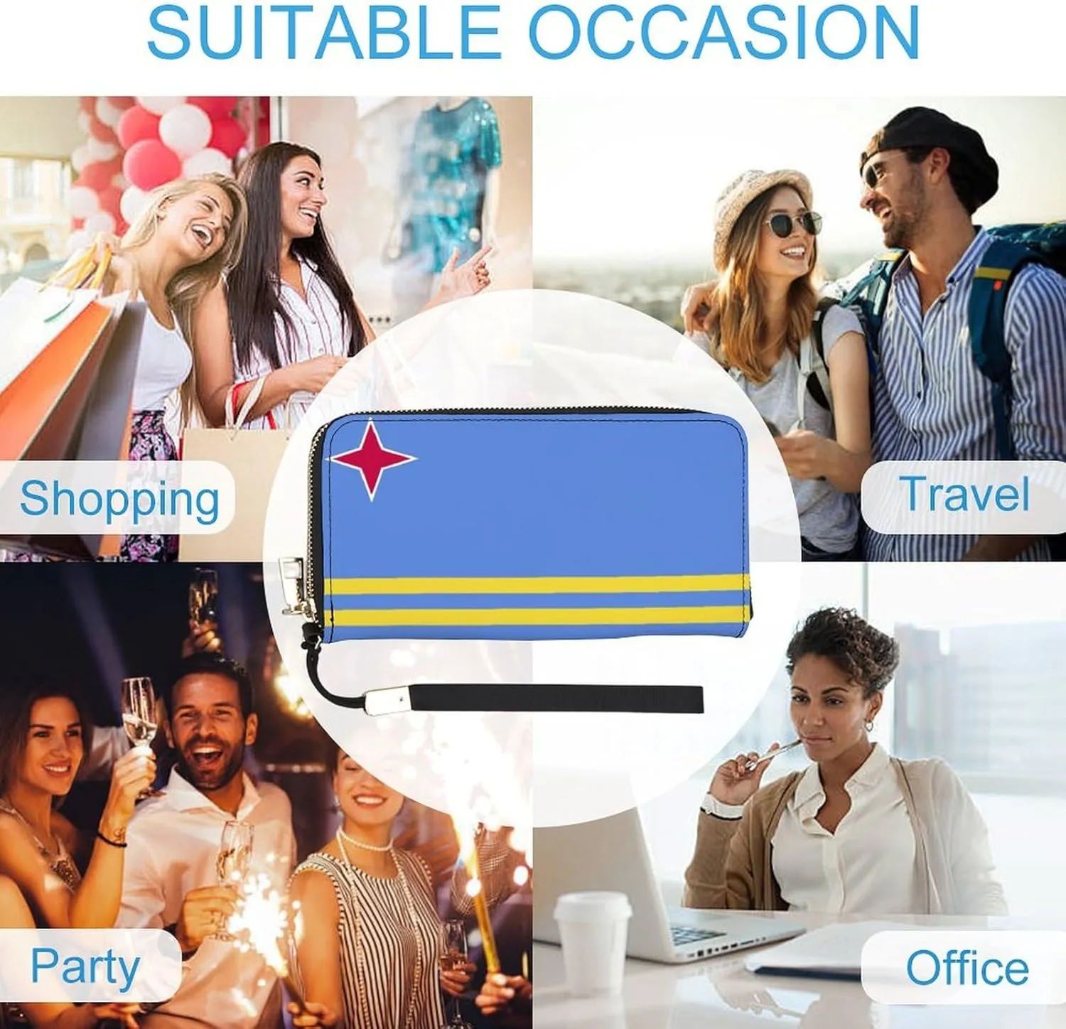 Women Men Aruba Flag Zipper Long Purse with Removable Wristlet Stylish PU Wallet Travel Clutch
