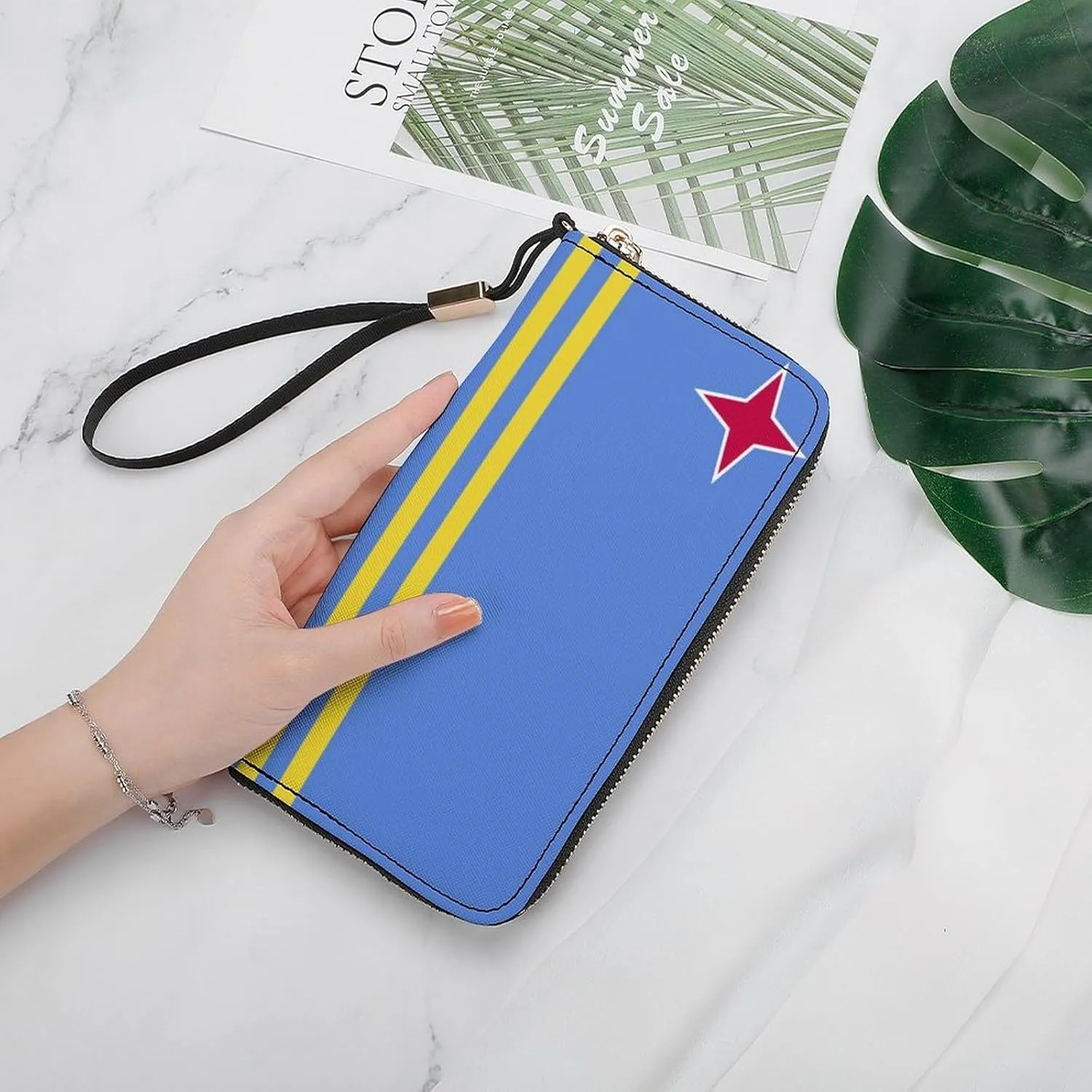 Women Men Aruba Flag Zipper Long Purse with Removable Wristlet Stylish PU Wallet Travel Clutch