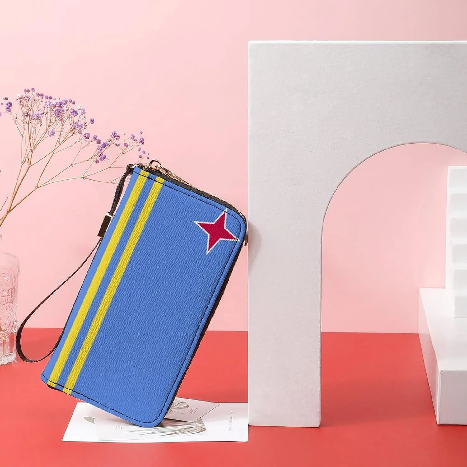 Women Men Aruba Flag Zipper Long Purse with Removable Wristlet Stylish PU Wallet Travel Clutch