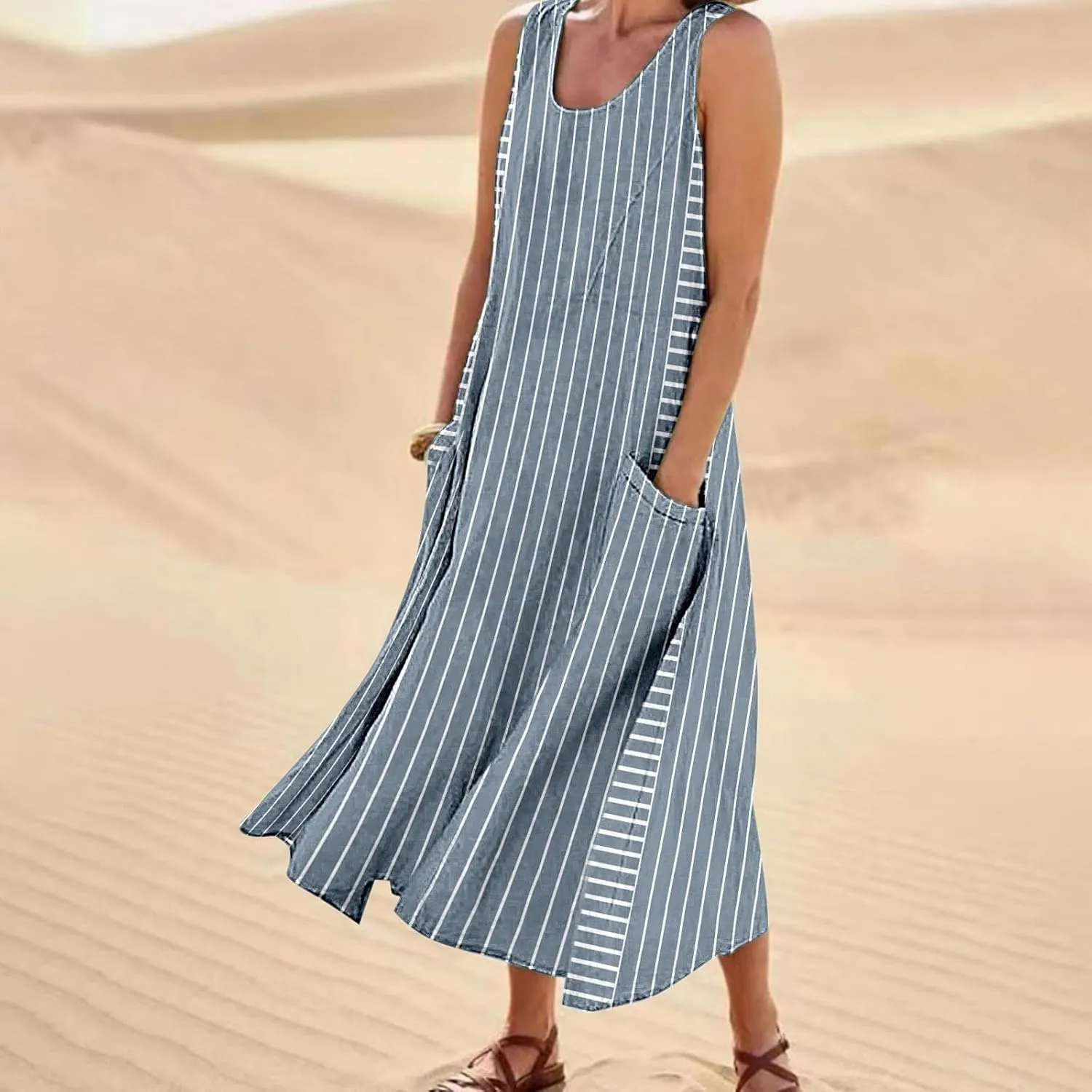 Women Plus Size Sleeveless Dresses Round Neck Striped Casual Sundress Summer Long Dresses with Pockets 2025 Beach Vacation