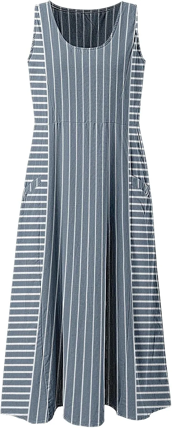 Women Plus Size Sleeveless Dresses Round Neck Striped Casual Sundress Summer Long Dresses with Pockets 2025 Beach Vacation
