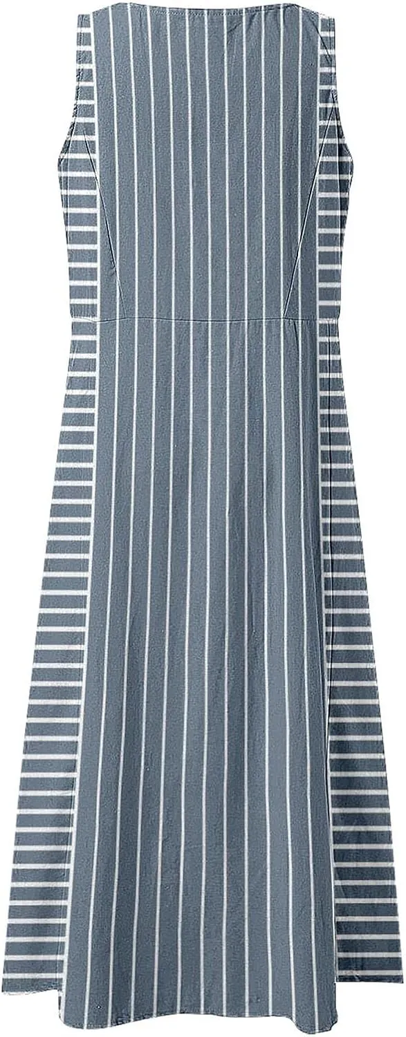Women Plus Size Sleeveless Dresses Round Neck Striped Casual Sundress Summer Long Dresses with Pockets 2025 Beach Vacation