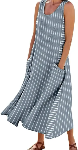 Women Plus Size Sleeveless Dresses Round Neck Striped Casual Sundress Summer Long Dresses with Pockets 2025 Beach Vacation