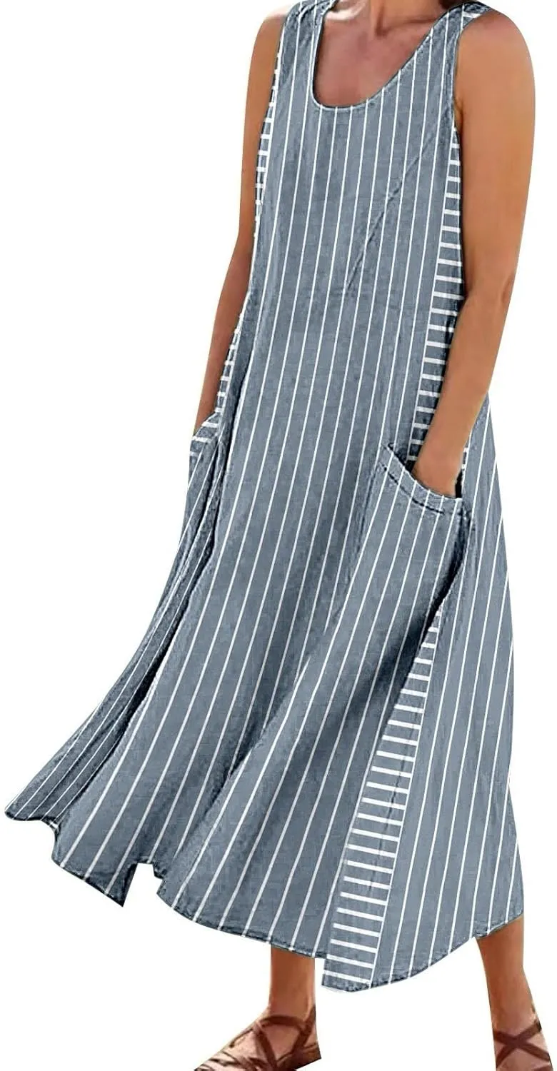 Women Plus Size Sleeveless Dresses Round Neck Striped Casual Sundress Summer Long Dresses with Pockets 2025 Beach Vacation