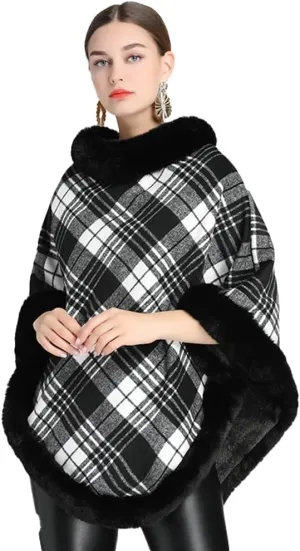 Women Poncho Cloak Plaid Pullover Cape Thick Faux Fur Shawl Wrap Knitted Batwing Sleeve Winter Woolen Sweater