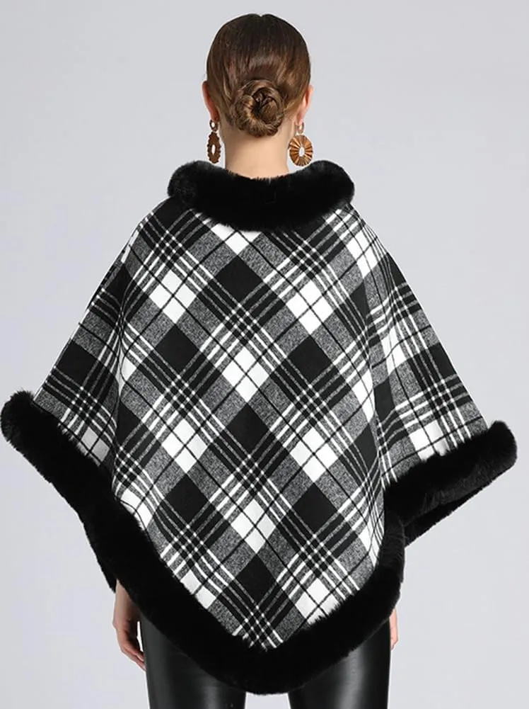 Women Poncho Cloak Plaid Pullover Cape Thick Faux Fur Shawl Wrap Knitted Batwing Sleeve Winter Woolen Sweater