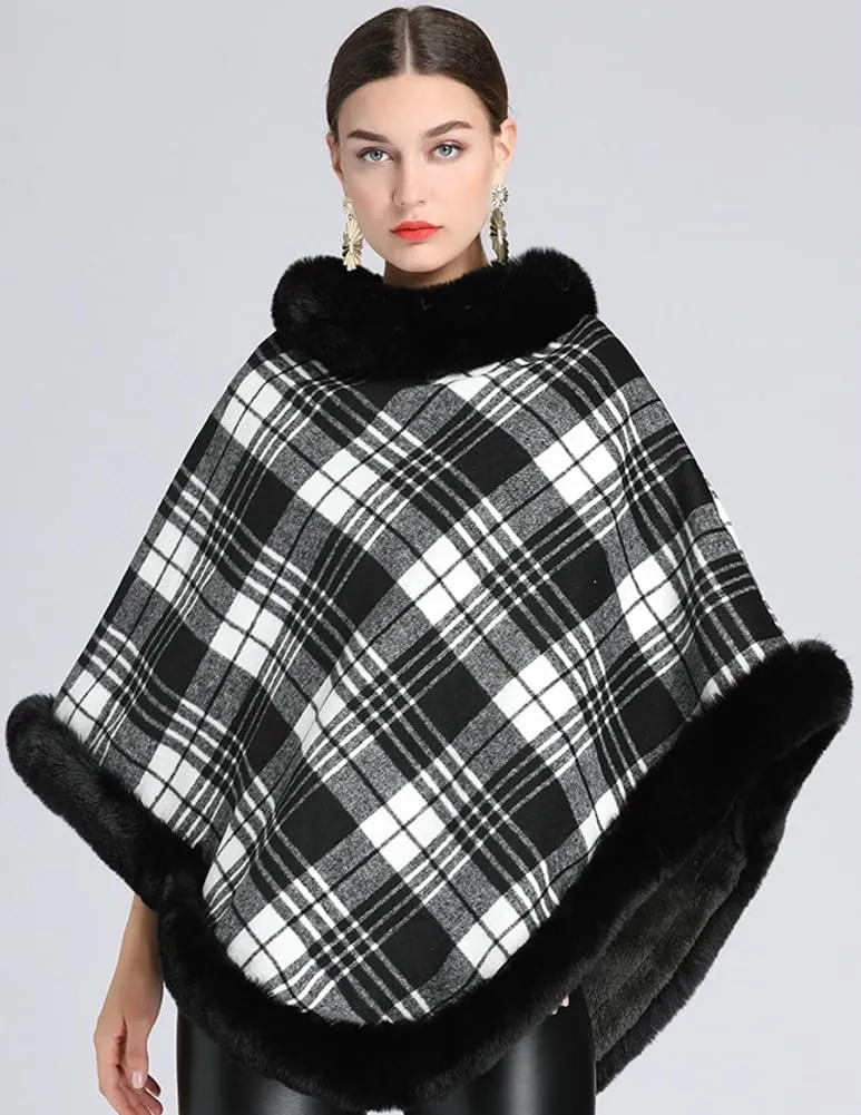 Women Poncho Cloak Plaid Pullover Cape Thick Faux Fur Shawl Wrap Knitted Batwing Sleeve Winter Woolen Sweater