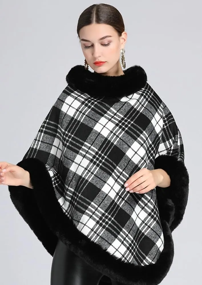 Women Poncho Cloak Plaid Pullover Cape Thick Faux Fur Shawl Wrap Knitted Batwing Sleeve Winter Woolen Sweater