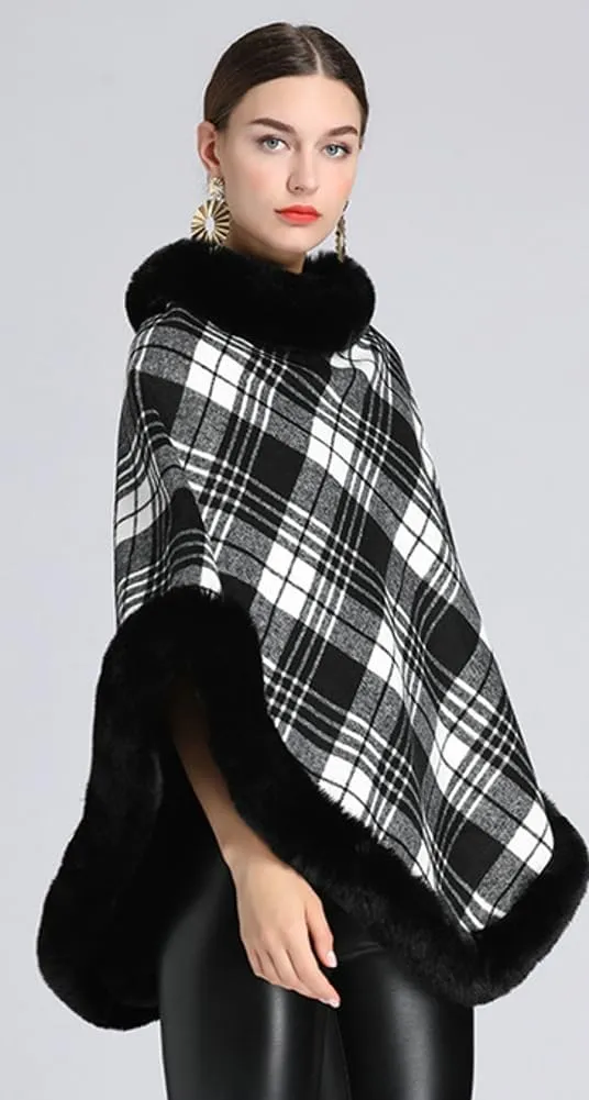 Women Poncho Cloak Plaid Pullover Cape Thick Faux Fur Shawl Wrap Knitted Batwing Sleeve Winter Woolen Sweater