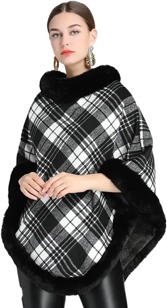 Women Poncho Cloak Plaid Pullover Cape Thick Faux Fur Shawl Wrap Knitted Batwing Sleeve Winter Woolen Sweater
