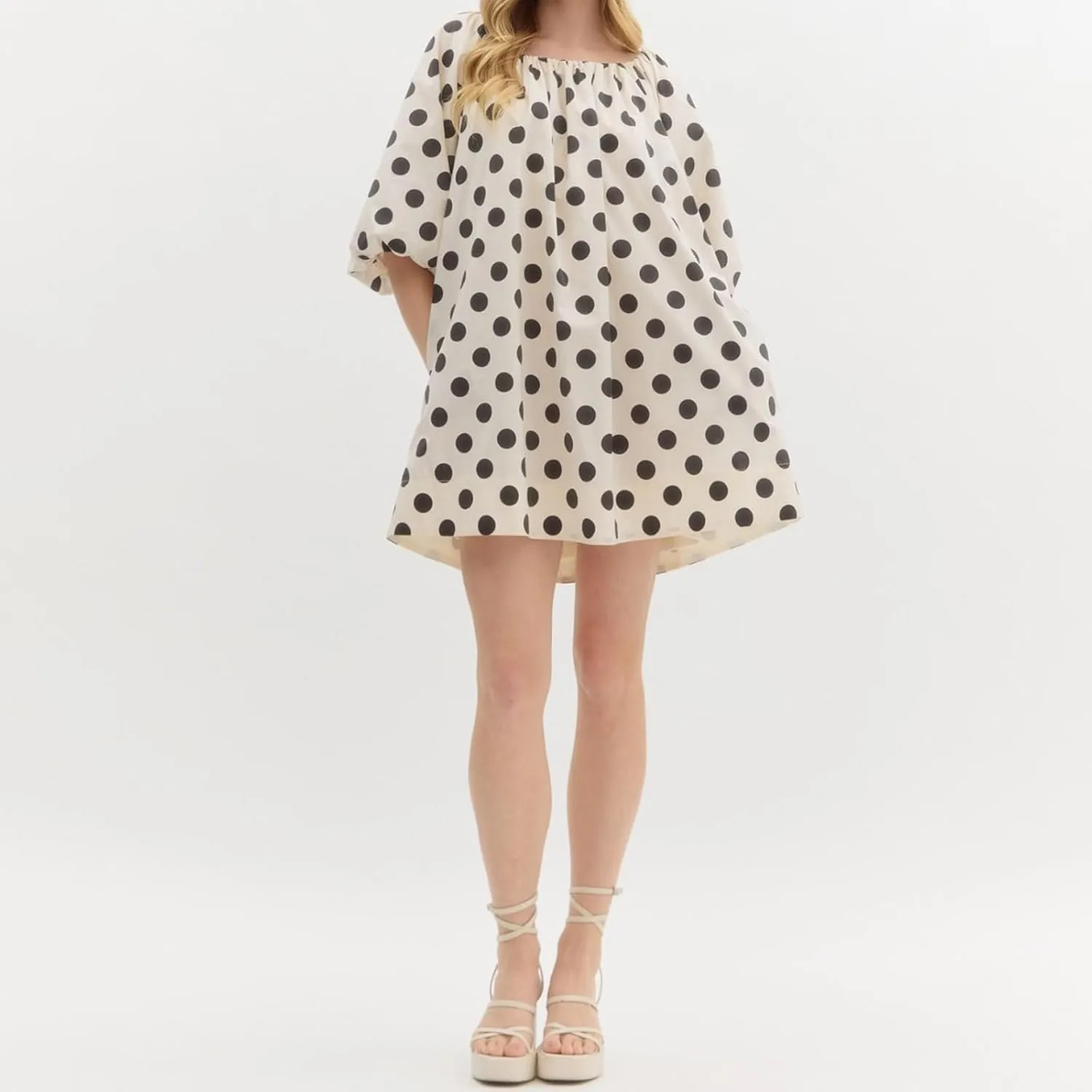 Women Puff Short Sleeve Mini Dress V-Neck Casual Flowy Babydoll Dresses A-Line Ruffle Beach Vacation Short Sundress
