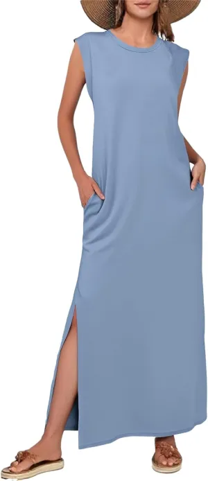 Women Summer Casual Dress Crew Neck Sleeveless Loose Split Long Maxi Beach Dress Travel Vacation Sundress with Pockets