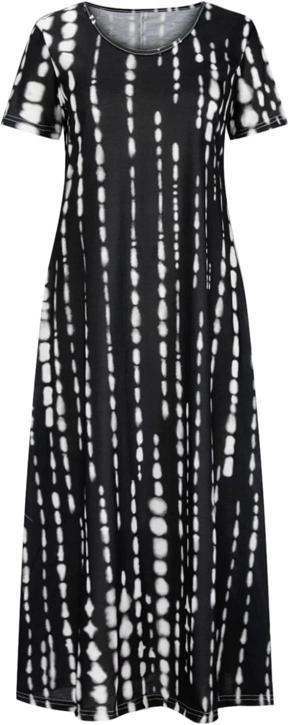 Women Summer Dresses Boho Floral Print Loose Long Dresses Short Sleeve Beach Swing Dress Casual Striped Sundress