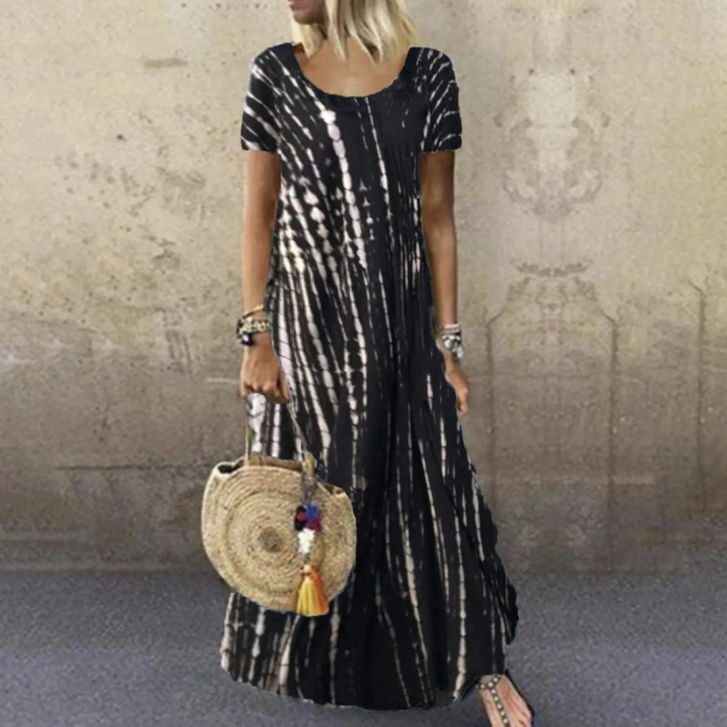 Women Summer Dresses Boho Floral Print Loose Long Dresses Short Sleeve Beach Swing Dress Casual Striped Sundress