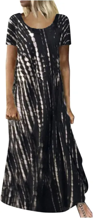 Women Summer Dresses Boho Floral Print Loose Long Dresses Short Sleeve Beach Swing Dress Casual Striped Sundress