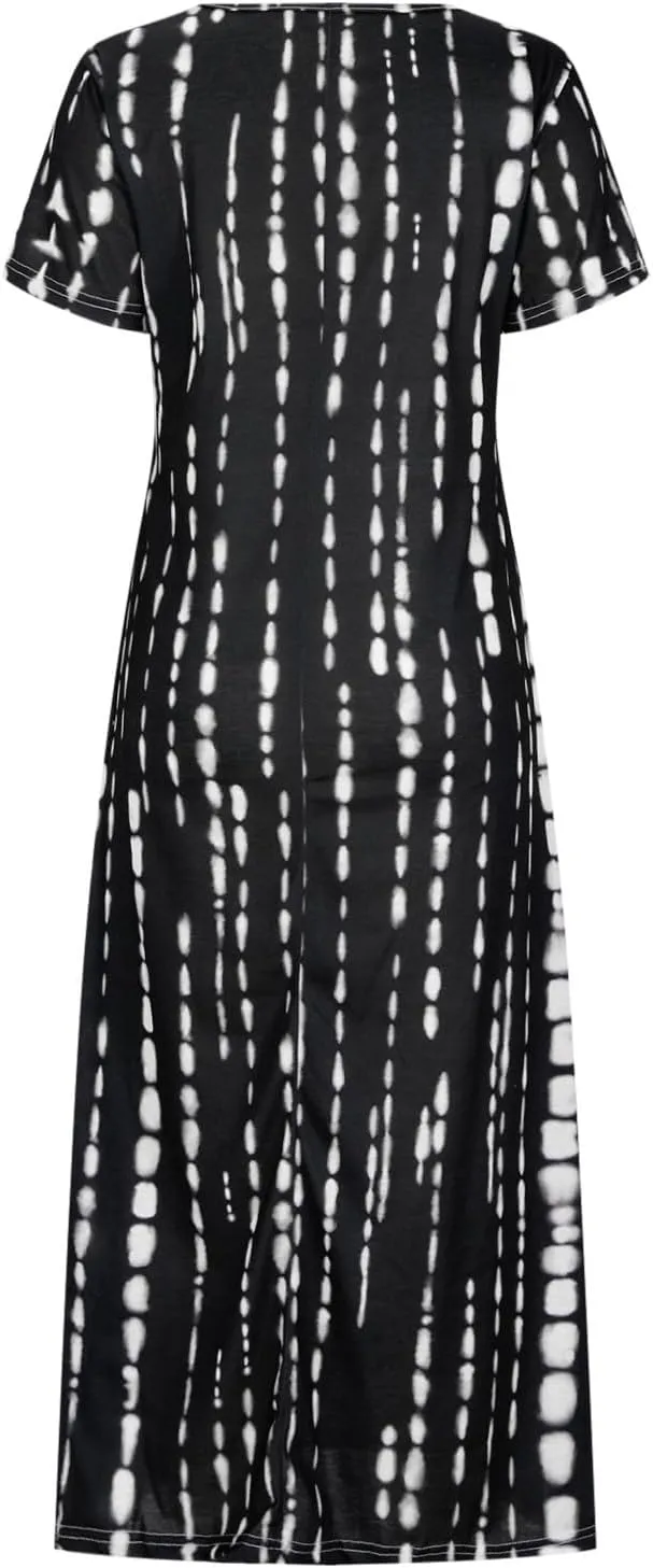Women Summer Dresses Boho Floral Print Loose Long Dresses Short Sleeve Beach Swing Dress Casual Striped Sundress