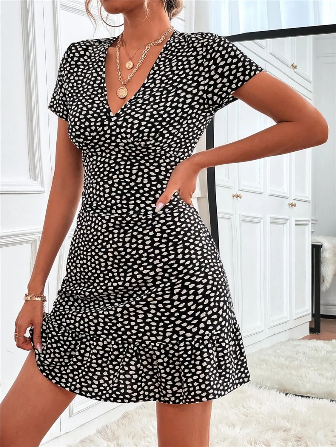 Women Summer Dresses Floral V-Neck Ruffle Hem Dress Short Sleeve Wrap Mini Dress Party Elegant Vintage A Line Dress
