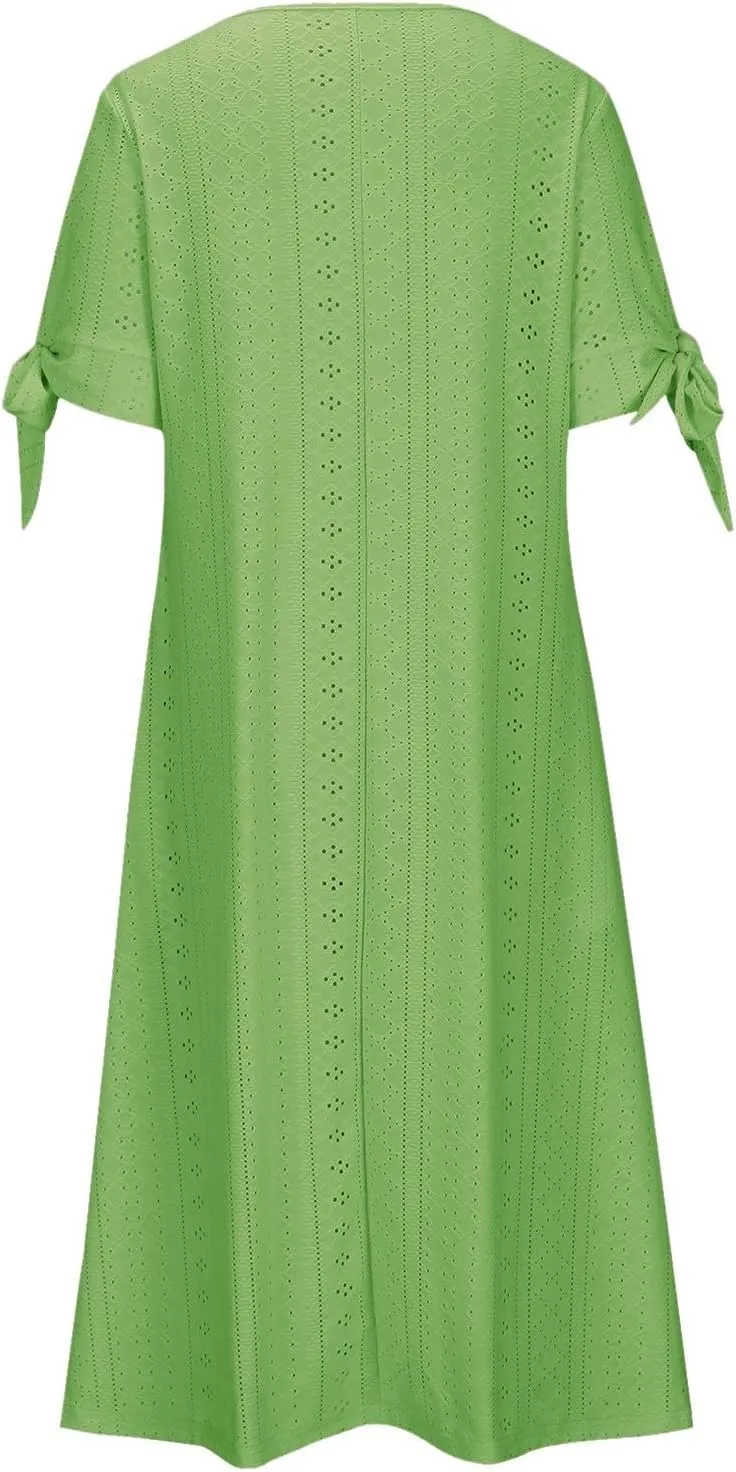 Women Summer Ruffle Hem Floral Lace Eyelet Dress Casual Notch Neck Midi Tunic Dress with Pockets