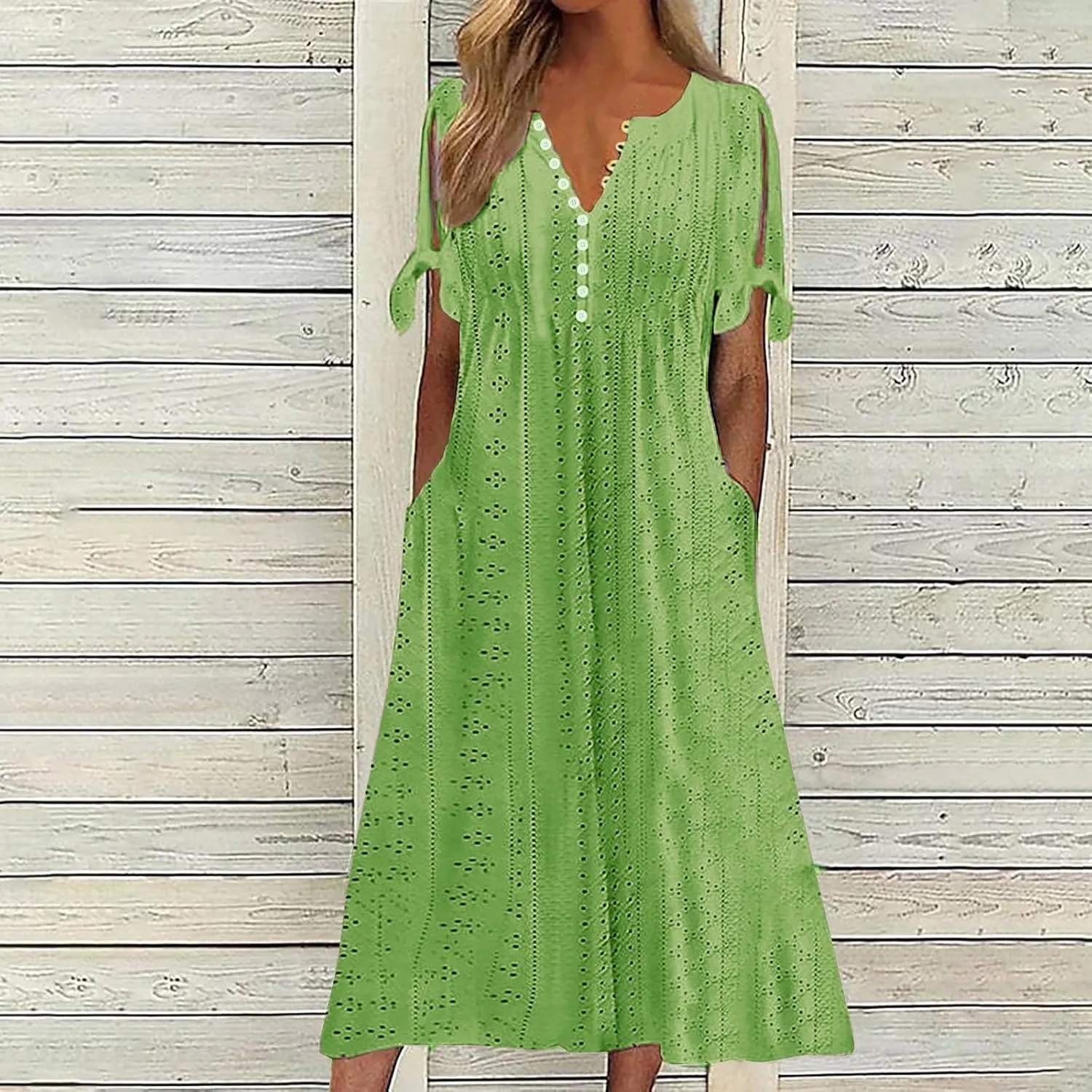 Women Summer Ruffle Hem Floral Lace Eyelet Dress Casual Notch Neck Midi Tunic Dress with Pockets
