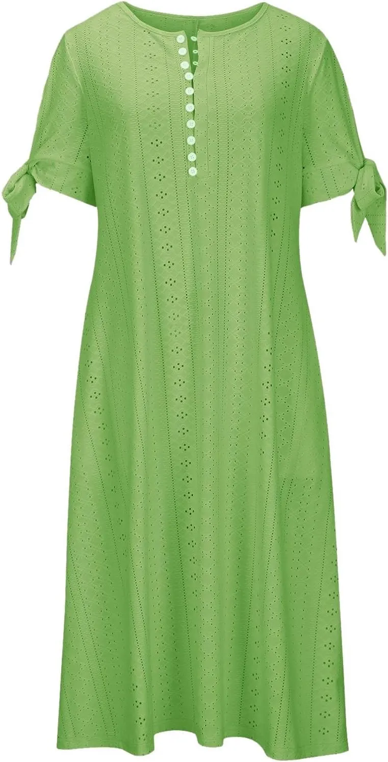 Women Summer Ruffle Hem Floral Lace Eyelet Dress Casual Notch Neck Midi Tunic Dress with Pockets