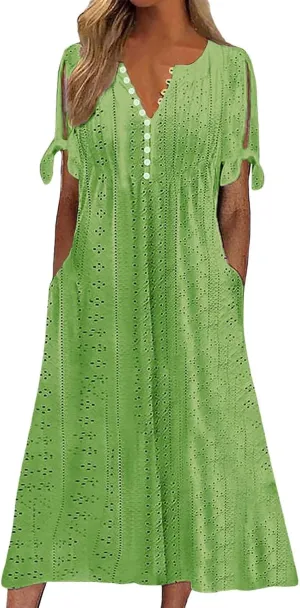 Women Summer Ruffle Hem Floral Lace Eyelet Dress Casual Notch Neck Midi Tunic Dress with Pockets