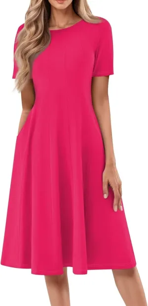 Women Summer Short Sleeve Midi Dress with Pockets Casual Aline Flowy Tshirt Dress Floral Vocation Beach Sundress