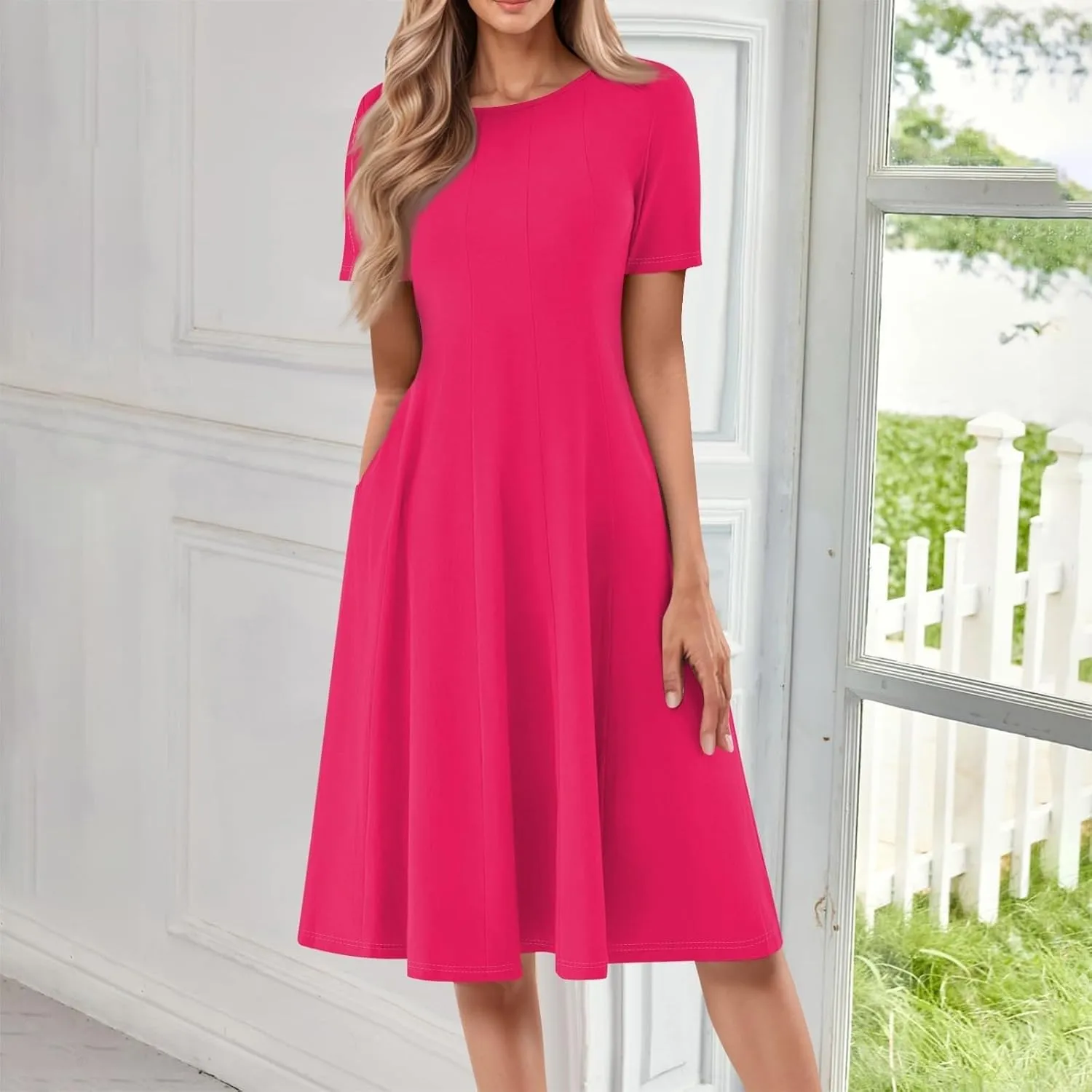 Women Summer Short Sleeve Midi Dress with Pockets Casual Aline Flowy Tshirt Dress Floral Vocation Beach Sundress