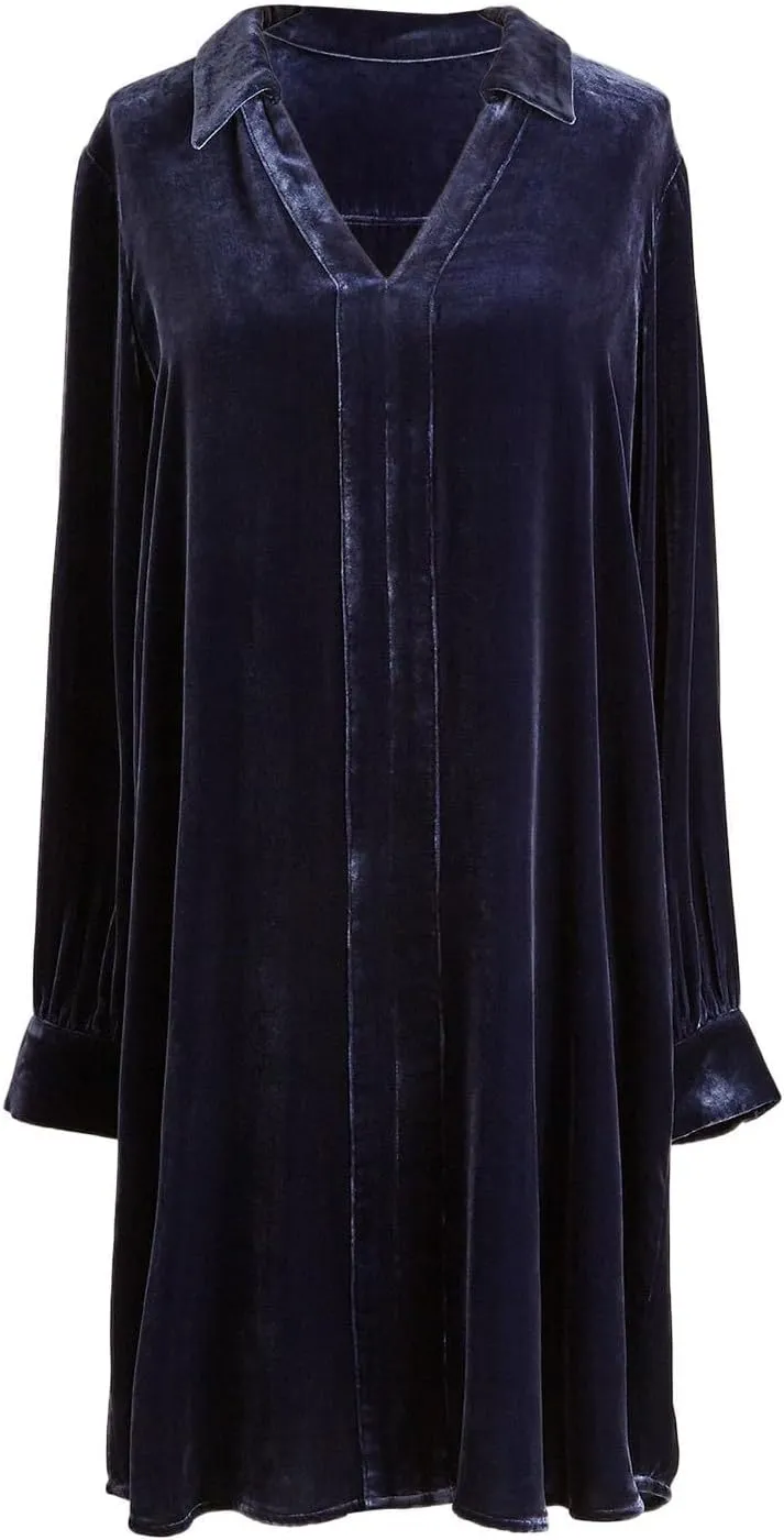 Women Velvet T Shirt Dress Long Sleeve V Neck Shift Midi Dress Fall Casual Velour Lapel Holiday Party Tunic Dress