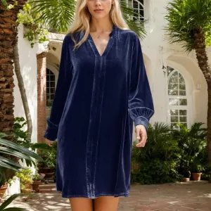 Women Velvet T Shirt Dress Long Sleeve V Neck Shift Midi Dress Fall Casual Velour Lapel Holiday Party Tunic Dress