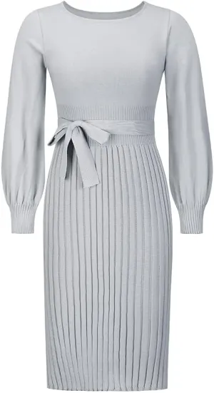 Women Winter Sweater Midi Dress Oversized Long Sleeve Crewneck Knit Wrap Dress Casual Long Pullover Dress with Belt