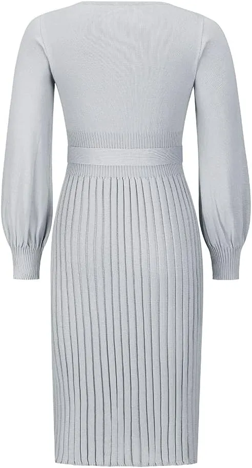 Women Winter Sweater Midi Dress Oversized Long Sleeve Crewneck Knit Wrap Dress Casual Long Pullover Dress with Belt