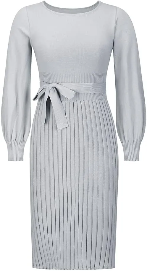 Women Winter Sweater Midi Dress Oversized Long Sleeve Crewneck Knit Wrap Dress Casual Long Pullover Dress with Belt