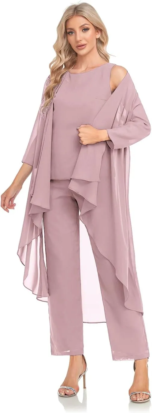 Women's 3 Pieces Chiffon Mother of The Bride Dress with Jacket Chiffon Formal Evening Dresses