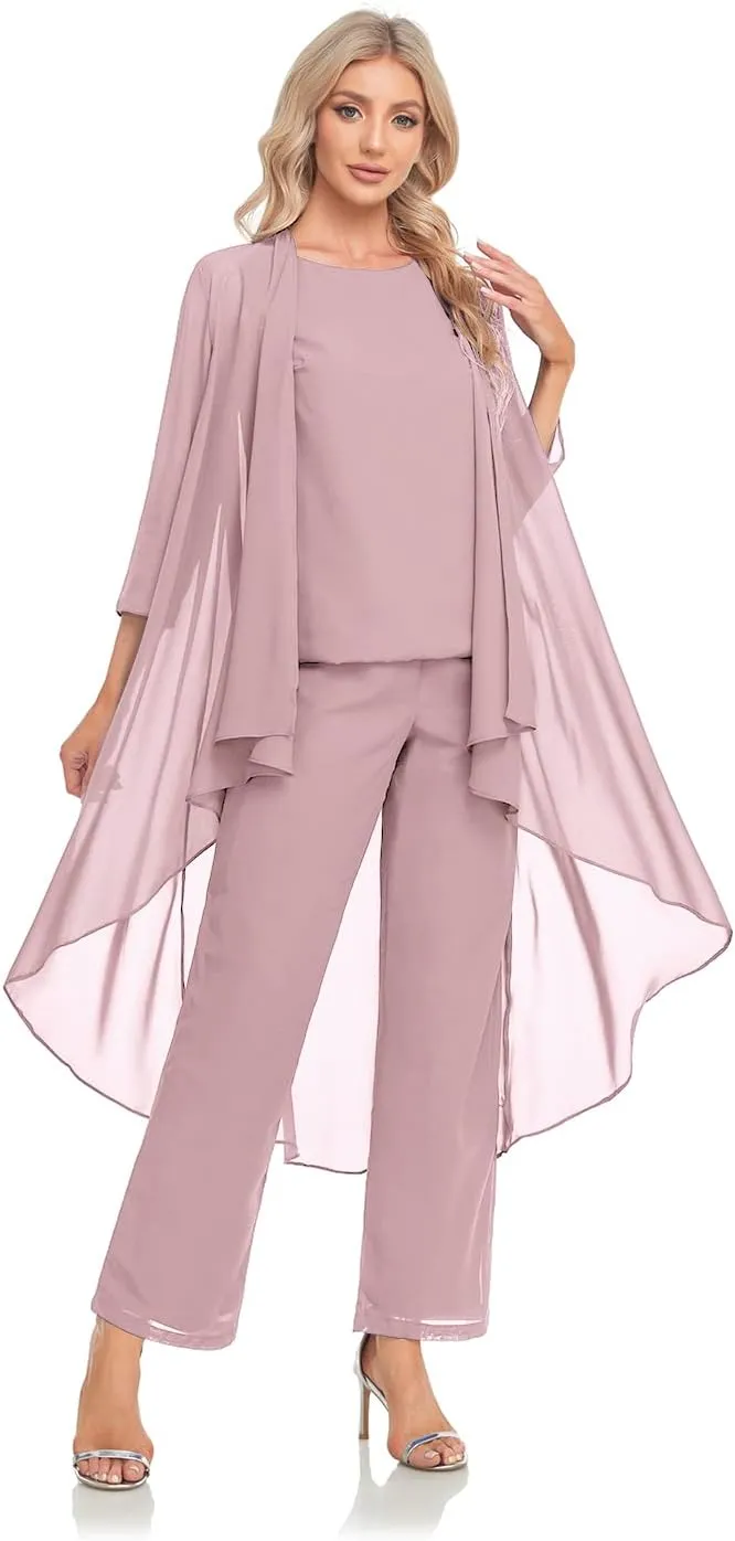 Women's 3 Pieces Chiffon Mother of The Bride Dress with Jacket Chiffon Formal Evening Dresses