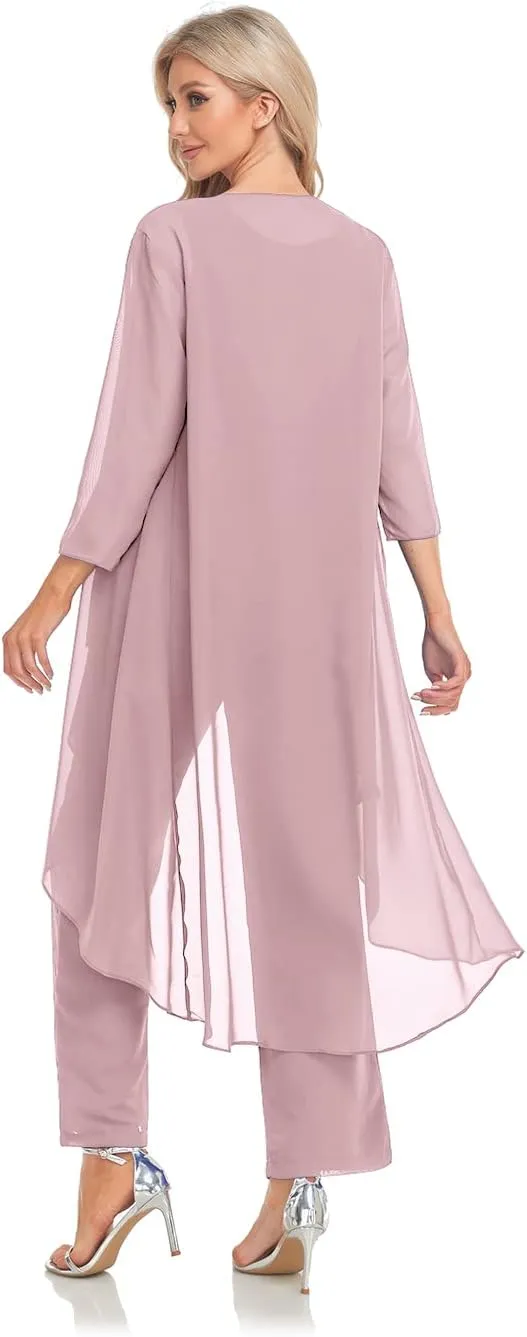 Women's 3 Pieces Chiffon Mother of The Bride Dress with Jacket Chiffon Formal Evening Dresses