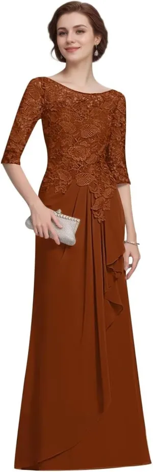 Women's A-Line Scoop Illusion Half Sleeves Mother of The Bride Dresses Lace Chiffon Formal Evening Party Dresses