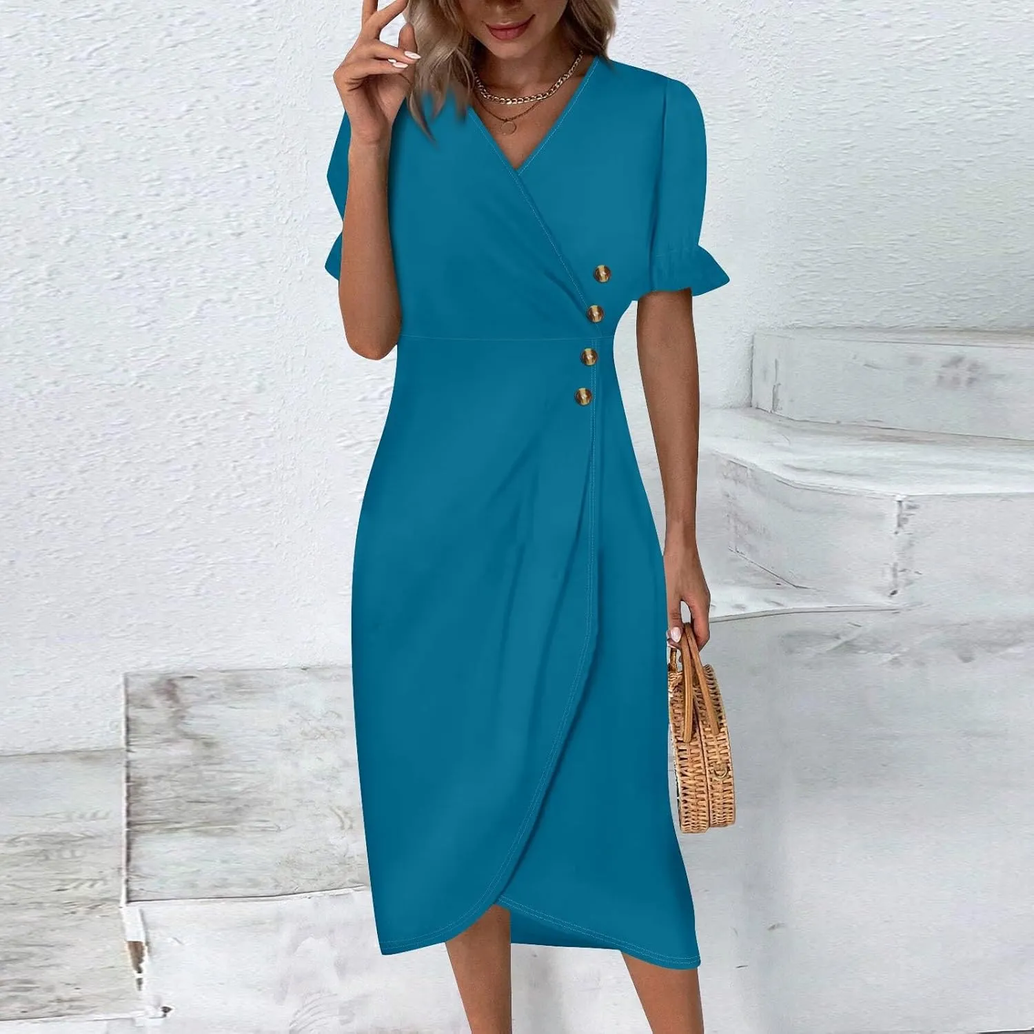 Womens Boho Floral Dresses V Neck Puff Short Sleeve Colorful Graphic Print Asymmetric Midi Dress Summer 2025