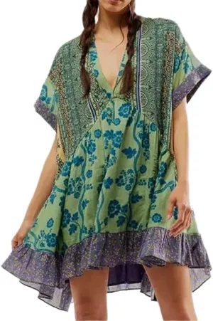 Womens Boho Floral Mini Dress Deep V Neck Short Sleeve Babydoll Dress Summer Casual Loose Flowy Beach Ruffle Dress